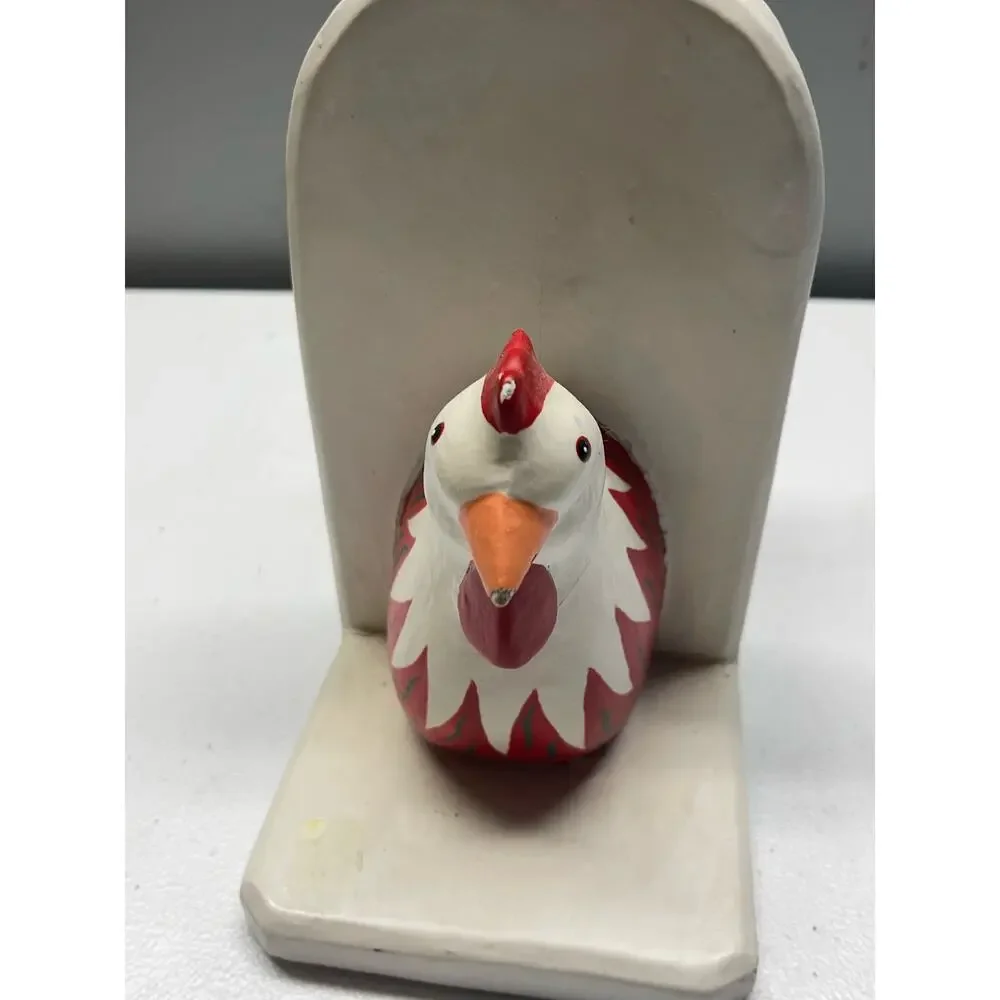 Chicken Bookends, Hand Carved Painted Wood - Bead and Tail